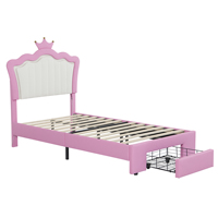Lit capitonné moderne Willsoon pour filles, style princesse rose, avec tête de lit en forme de couronne, éclairage LED d'ambiance, tiroir de rangement, chambre d'enfant rembourrée