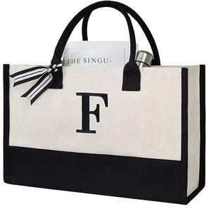 Eco-Friendly Black Trim <b>Initial</b> Monogram Canvas Tote <b>Bag</b> for Work Office Commute Advertising Bridesmaid Gift OEM ODM Custom Logo - Product Image 5