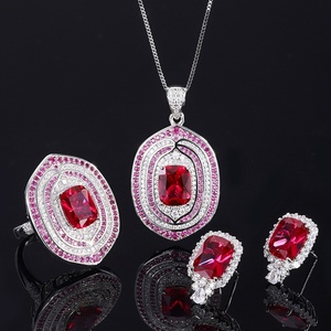 Wholesale Eco-friendly Copper 8*10MM Red Zircon Bridal 2 Tone <b>Earrings</b> and Necklace Ring Jewelry <b>Sets</b> for Wedding - Product Image 3