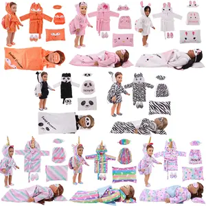 En iyi fiyat baskı kravat boyalı karikatür uyku çanta seti pijama göz maskeleri kulaklıklar yastık için 18 inç oyuncak bebek giysileri aksesuarları Set