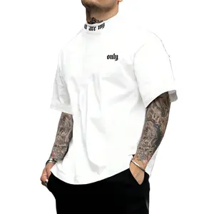 Magliette in cotone organico pesante all'ingrosso t-shirt oversize con collo a lupetto personalizzato in bianco di alta qualità per uomo