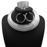 VKME Collection « Hot Sale » Ensemble Bijoux Femme 4 Pièces : Collier Multi-fils Doré, Boucles d'Oreilles, Bague et Bracelet Jonc Argenté