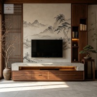 Mueble de TV Moderno y Minimalista XINGRUO, Mueble de Pared Integrado con Acabado en Nogal Oscuro, Mueble Multimedia Personalizado