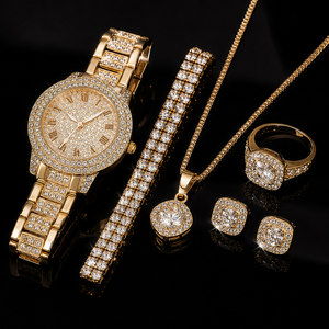Nouvelle montre tendance pour femme, ensemble de bijoux or, argent, or rose, strass scintillants, collier, bracelet, bagues, boucles d'oreilles, cadeau hip-hop - Product Image 1
