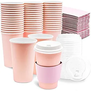 Xícara de papel rosa descartável impressa por atacado, copo de papel rosa com tampa