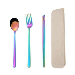 <span class=keywords><strong>Set</strong></span> di posate da campeggio in acciaio inossidabile ecologico in stile coreano, portatile, con cucchiaio, forchetta, bacchette e custodia. - Product Image 2