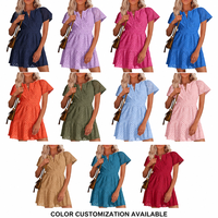 Robe Courte Femme Unie en Dentelle Brodé à Œillets, Manches Courtes Volantées, Col V Cranté, Taille Smockée, Ourlet Volanté, Décontractée, Été, OEM ODM