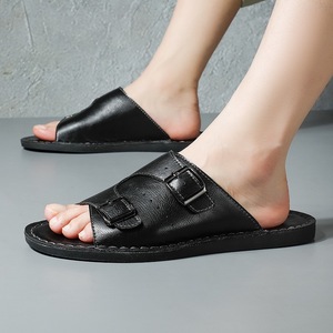 Adjustable Metal Buckle Casual Sandals Suitable Beach Trips Black Pu Slide Sandals <b>Soft</b> Sole Daily <b>Shoes</b> Men Summer Slip On - Product Image 1