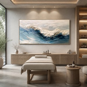 Grande Peinture Murale 3D Texturée Faite à la Main sur Toile, Paysage Marin Minimaliste Bleu et Blanc, Vague Océanique, Décoration Murale pour la Maison - Product Image 2