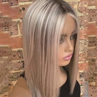 Perruques Bob Blond Platine Cheveux Raides avec Racines Foncées Balayage Court Brunette Cheveux Humains Vierges de Haute Qualité Perruque Lace avec Baby Hair