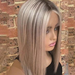Perruques Bob Blond Platine Cheveux Raides avec Racines Foncées Balayage Court Brunette Cheveux Humains Vierges de Haute Qualité Perruque Lace avec Baby Hair - Product Image 5