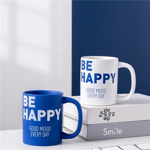 Promotional Gift 400ml Be Happy Good Mood Print Ceramic Tea <b>Cup</b> Blue and White Ceramic Coffee Mug Gift <b>Cup</b> With Handle - Product Image 1