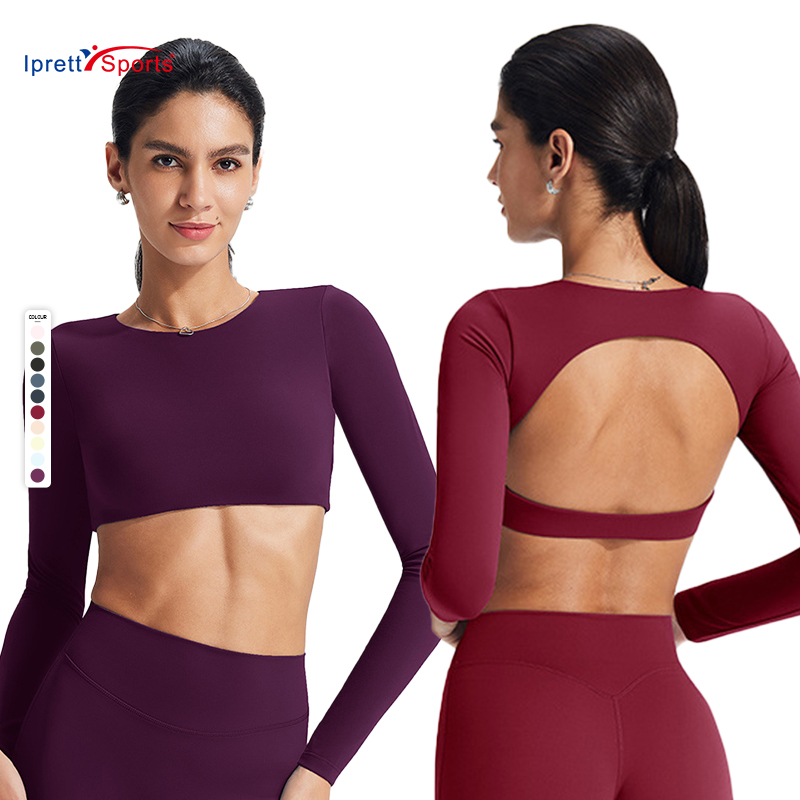 2026 New Sexy Hollow Solid Tight-Fitting Sports Long Sleeve Backless T-Shirt with Chest Pad Fitness Yoga Top Yoga Wear Clothing