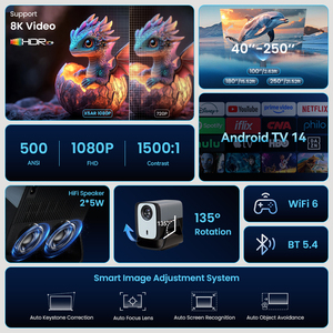 Android 14 Smart <b>Projector</b> Native 1080P 500 ANSI Lumens Home <b>Projector</b> 4K 8K Video Auto Auto Home X5AR Newest Android 14.0 Porta - Product Image 5