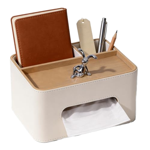 4-in-1 PU Leather Tissue Box Holder Nordic Desktop Remote Control Organizer Case with Wood Grain Top for Home Storage