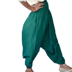 Pantalones Harem de Algodón Verde Oscuro, Estilo Casual Urbano, Elásticos en la Cintura, Hechos a Mano, Transpirables, Talla Grande, Estilo Indio, Corte Regular - Product Image 3