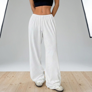 <b>Womens</b> Summer Beach Pants <b>Wide</b> <b>Leg</b> Drawstring <b>Trousers</b> <b>White</b> Breathable Casual Mid Waist Knitted Fabric Washless - Product Image 2