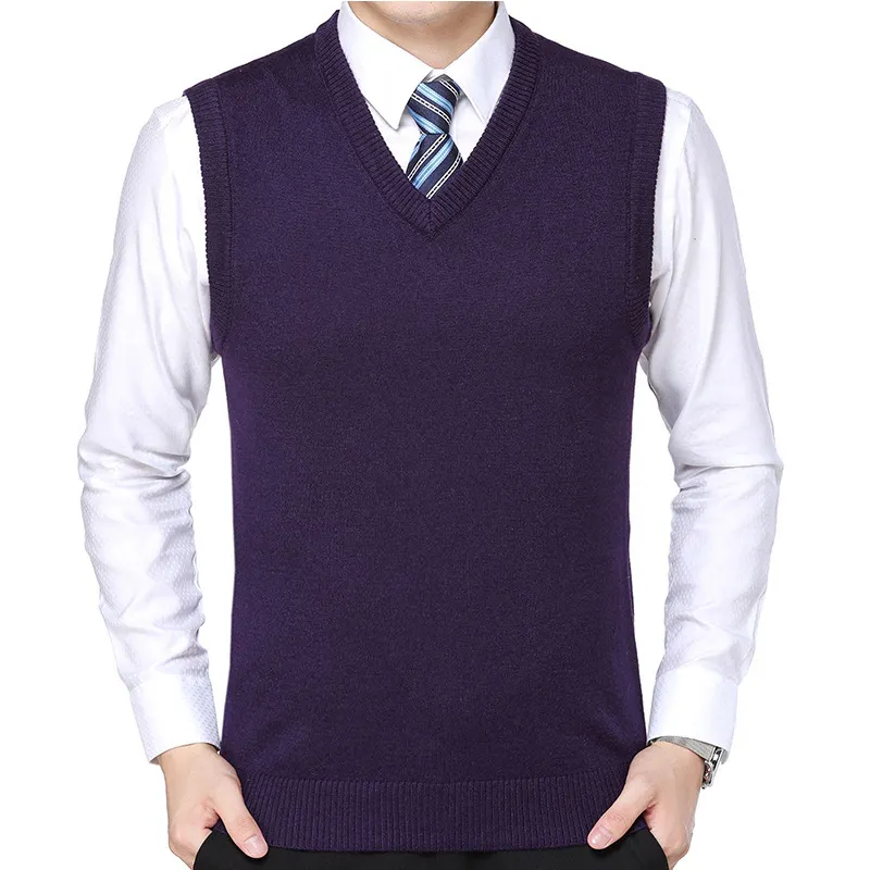 Wholesale Good Quality Wool V Neck Pullover Sleeveless Solid Color Purple Business Knitted Winter Men Sweater Vest From Factory