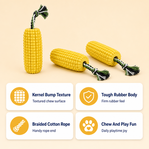 Corn Shape Rubber Dog Chew Toy Yellow Bumpy <strong>Kernel</strong> Texture with Braided Cotton Rope Tough Pet Chew Toy for Medium Large Dogs - Product Image 5