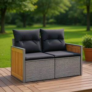 Canapé de jardin en bois d'acacia massif avec rotin PE gris et acier thermolaqué – Mobilier durable et élégant - Product Image 2