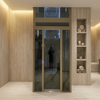 Ascenseur hydraulique à dos à deux étages pour intérieur avec portes manuelles, vitrage panoramique, construction en acier inoxydable, design contemporain