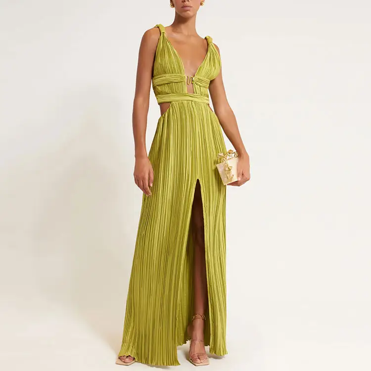Maxi Floor Length Knotted Straps Deep V Neck Cutout Central High Thigh Slit Pine Green Gowns Pleated Satin Dresses