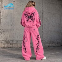 Ensemble 2 pièces personnalisé avec logo OEM pour femmes, sweat à capuche oversize zippé et pantalon large, imprimé Y2K, streetwear décontracté, survêtement