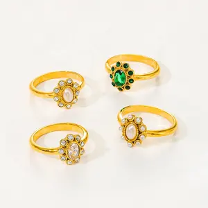 High Polish 18K Gold Plated Stainless Steel Jewelry Luxury Green Flower Zircon Fashion Jewelry Rings For Girls