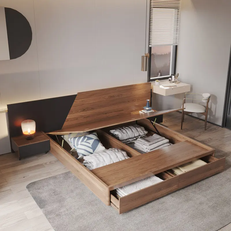 Kainice perabotan kamar tidur, tempat tidur ganda kayu solid Jepang dengan kotak penyimpanan dapat disesuaikan tempat tidur gas pernikahan tatami