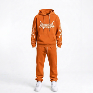 Ensemble de survêtement à capuche orange pour homme, manches longues, coton, streetwear, avec logo imprimé blanc, poche avant, fermeture à cordon - Product Image 1