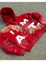 Sweat à capuche personnalisé avec impression en relief, épaules tombantes, strass, logo en strass, fermeture éclair intégrale, épais, style vintage