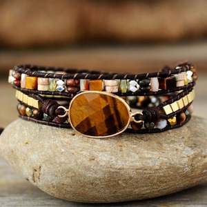 Bracelet en cuir marron pour hommes et femmes avec pierres mélangées œil de tigre, perles, 3 brins, bracelet pour amoureux, bijoux en gros, livraison directe - Product Image 1