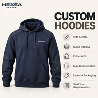 Hoodie robuste personnalisé en gros, bleu marine, avec patchs aux coudes, écusson aux épaules, motif graphique lettré, en coton, style workwear décontracté, fabricant