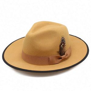 Classic Fedora Hats with Feather Wide Brim Wool Felt Hat for Travel Vintage Style Casual Party Outdoor Unisex All Seasons - Product Image 1
