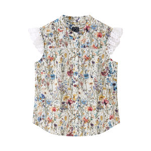 Blusa de Algodón sin Mangas para Mujer, con Estampado Dulce Premium, Estilo Popelina, con Volantes Florales, Cuello con Botones, Informal, Elegante, para Fiestas de Verano - Product Image 4