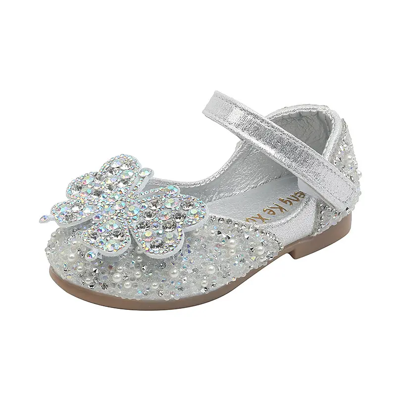 Girls princess shoes square mouth rhinestone bow children flat leather shoes female kids performance dance party casual shoes