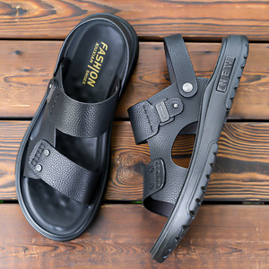 Sandalias de Cuero Vacuno de Primera Capa para Hombre con Correa en T, Punta Abierta, Suela de Goma Antideslizante, Zapatos Casuales de Verano - Product Image 4