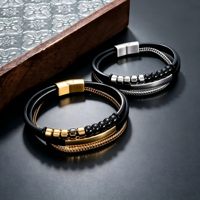Bracelet en acier inoxydable pour homme, logo personnalisé, fermoir magnétique, noir or, noir argent, bracelet en cuir tressé multicouche