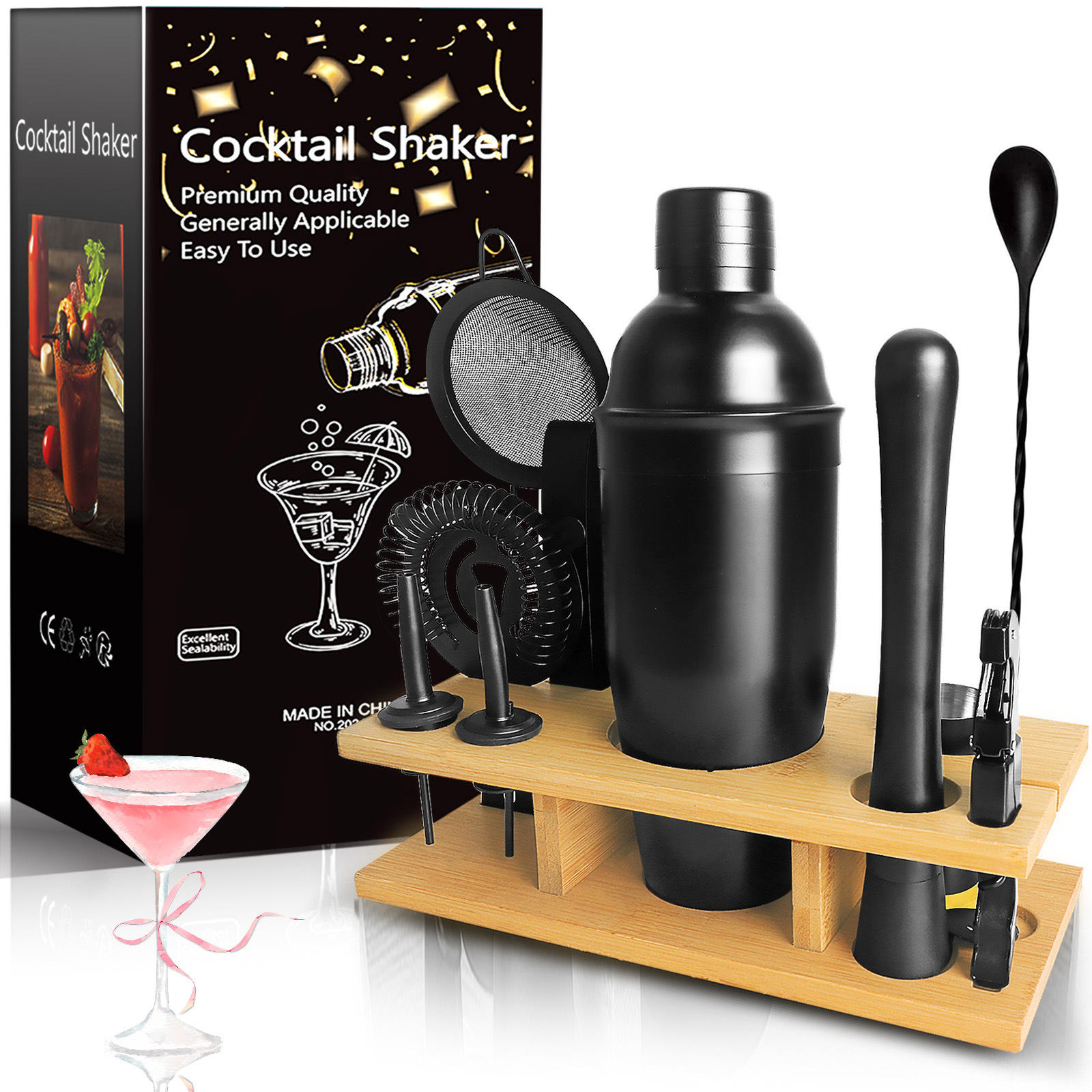 (750ml) painted black 11-piece cocktail shaker suit/color boxed