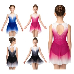 Robe de patinage artistique pour filles, justaucorps ombré à strass, jupe en maille, dos découpé, coupe ajustée, tenue de compétition et de performance, personnalisable - Product Image 1