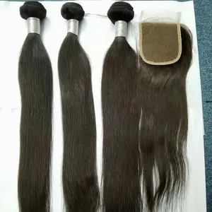 Amara em linha reta feixes de cabelo com fechamento superior reto de seda pacote cabelo humano reta cabelo brasileiro empacota com fecho