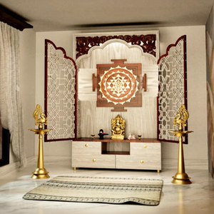 Contemporary Wooden Home <b>Mandir</b> with Closing Doors White Modern <b>Mandir</b> with Shree Yantra Customized Teak Wood Temple Australia - Product Image 1