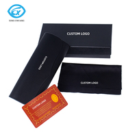 Étui à lunettes en cuir PU noir avec logo personnalisé, boîte rigide pour lunettes avec coffret cadeau extérieur, chiffon de nettoyage en microfibre et carte personnalisée