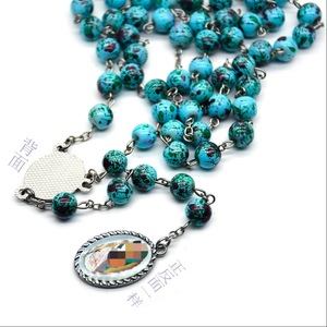 Collier chapelet vintage en perles de turquoise vertes rondes, pendentif Guadalupe, bijoux religieux, 59 perles, origine Yiwu - Product Image 2