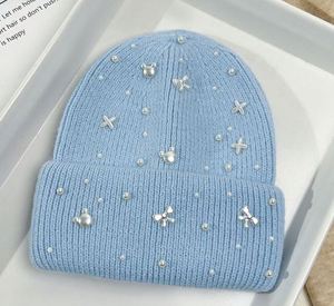 Wholesale Luxury Crystal Rhinestone Beanie <b>Hats</b> for Women High Quality Ladies <b>Winter</b> Rabbit Fur Knitted Beanies - Product Image 3