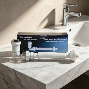 Kit de Sifón para Lavabo con Válvula de Descarga a Presión, Tapa de Acero Cepillado, Manguera Corrugada Extensible, Transparente y Anti-Reflujo para Baño - Product Image 1