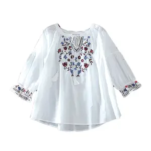 Custom Retro art folk style cotton linen floral embroidery loose thin big round collar doll blouse top plus size women's blouses