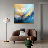 Contemporain De Luxe Bleu Toile Mur Art Peint À La Main Vagues Dorées Moderne Huile Horizon Peinture Cadre Contemporain Décor À La Maison