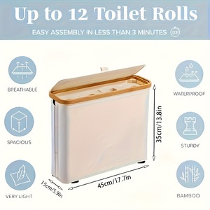 Panier de rangement pour rouleaux de papier toilette avec couvercle en bambou, rectangulaire, pliable, recouvert de tissu, pour papier toilette et articles divers - Product Image 5