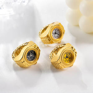 Bague Montre de Couple Couleur Or, Bijou Horloge Quartz Rétro pour Femmes Hommes, Montre Doigt Vintage Punk à <span class=keywords><strong>Mini</strong></span> Bracelet Élastique - Product Image 1